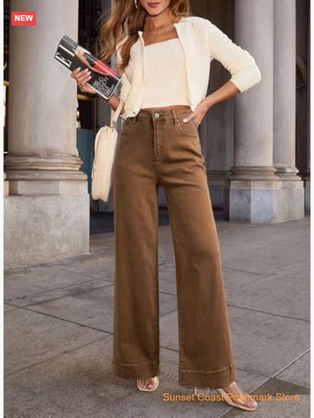 High Waisted Wide Leg Stretch Denim Pants with Pockets - Picture 4 of 7